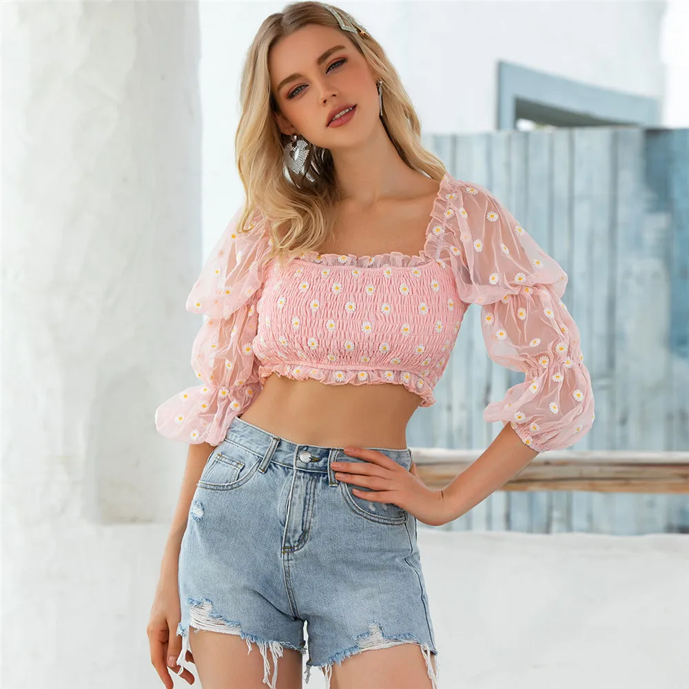 DM Design Flower Embroidered Daisy Graphic Crop Top womens Gathered Transparent Net Mesh Puff Sleeve Shirred Tank Tops