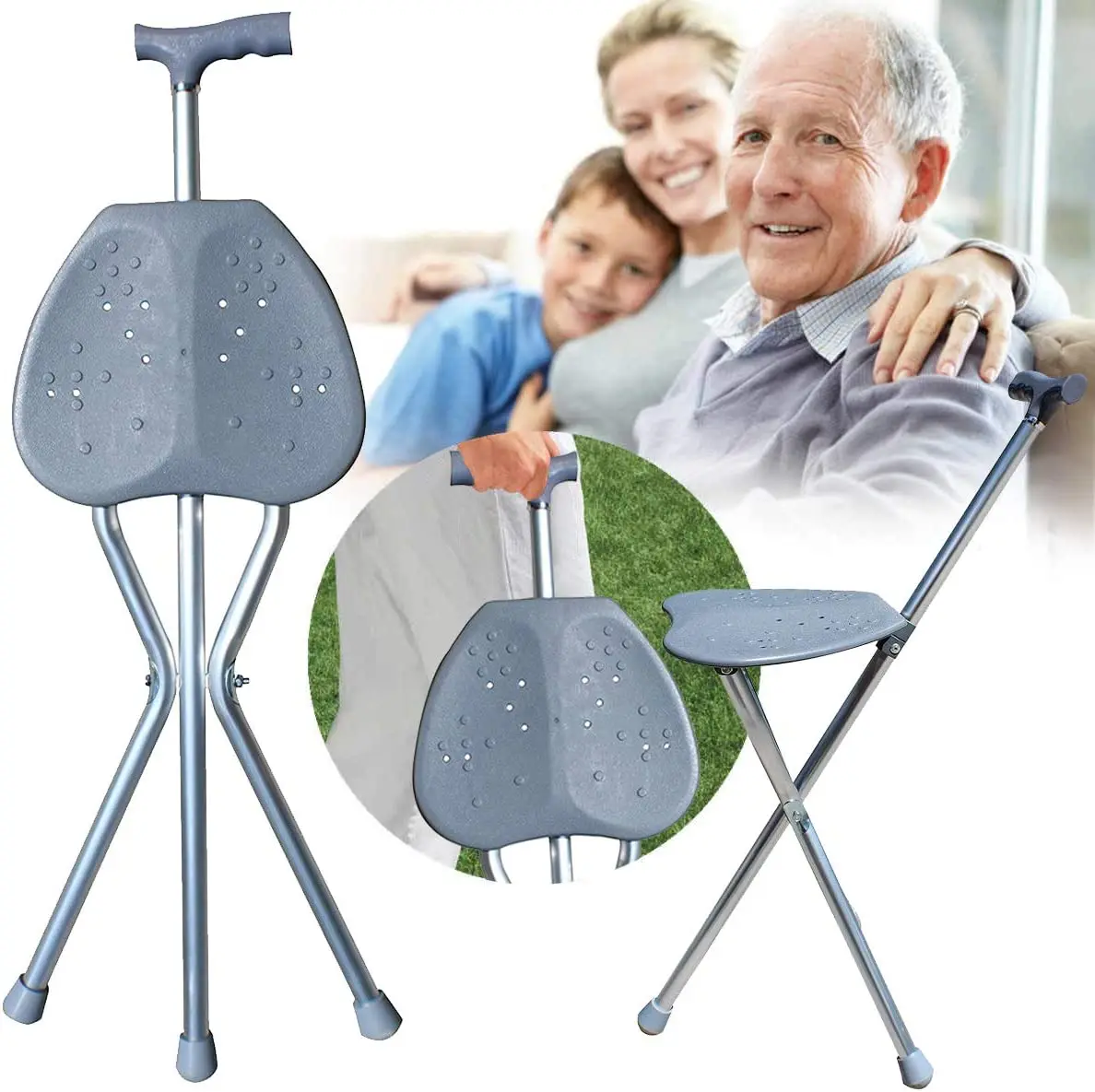 Folding Travel Cane with Seat Tripod Stool Hiking Walking Massage Or Golf Chair