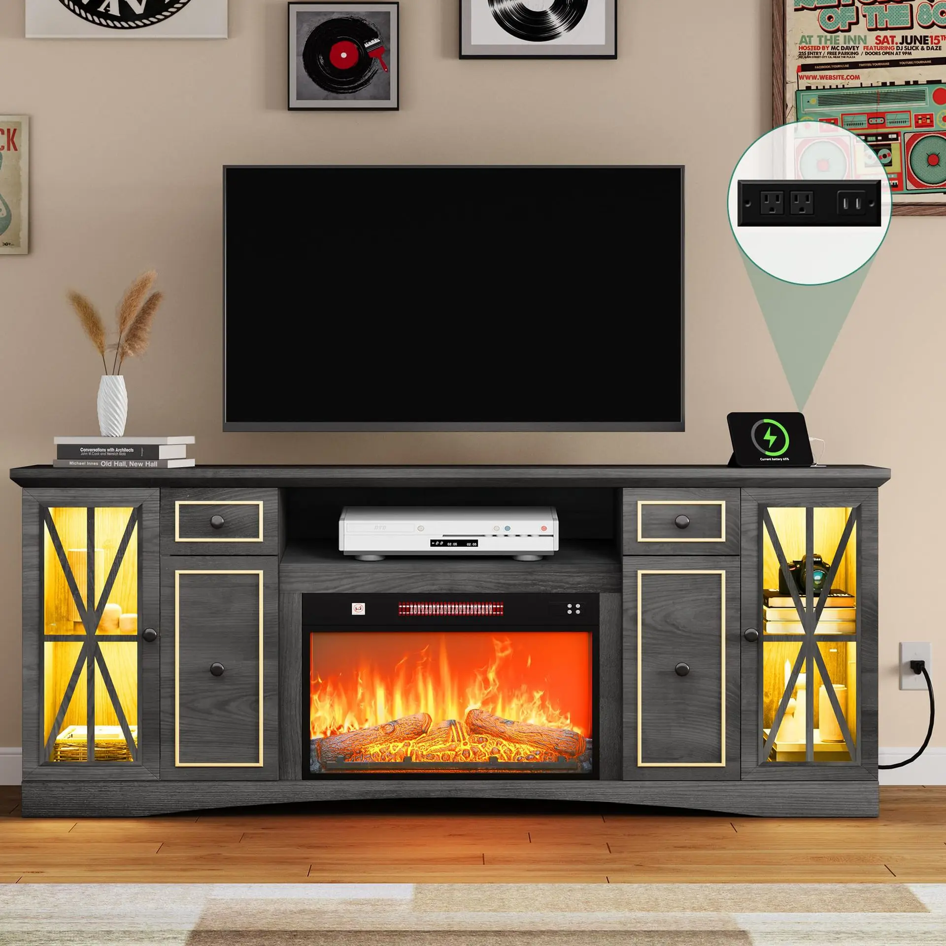 Living Room Furniture Modern Wood Particle Board Table Wall Decorative Unit TV Stand Cabinet with Fireplace without Heating