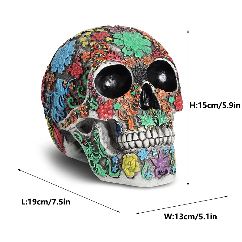 Halloween Highly Realistic Floral Pattern Human Skull Head Statue Decor