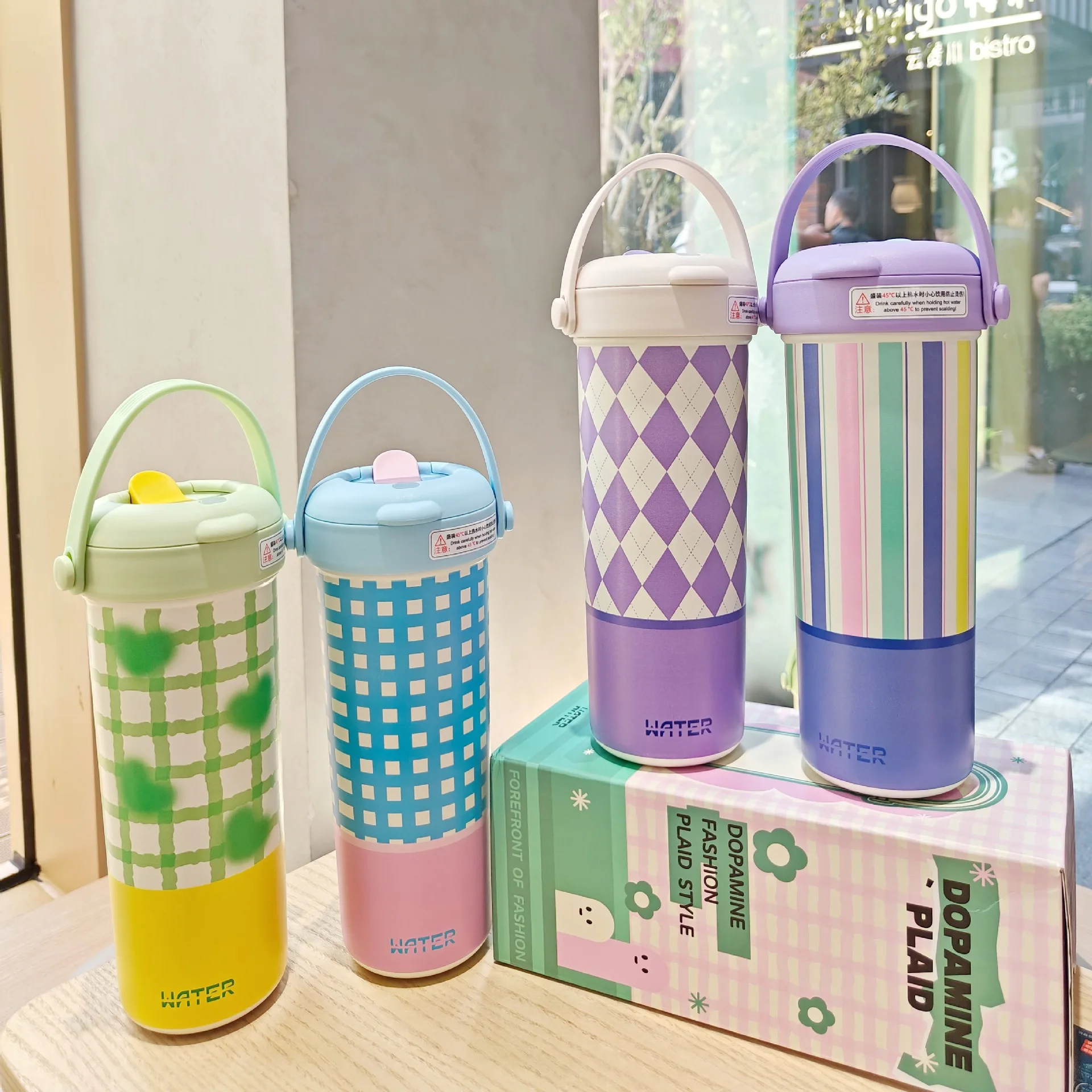 Seaygift Double drink flower tea cup plaid design vacuum insulated flask water bottle new thermal coffee tumbler mug