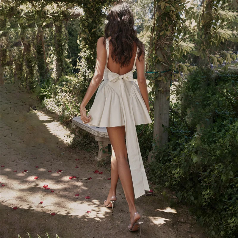 Ins Boutique Summer Ladies Sleeveless Dresses Backless Bow Elegant Women White Dress