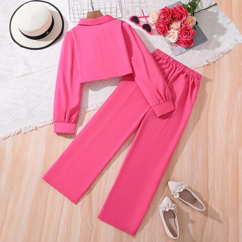 Spring Autumn fashion Children Girl Clothes Long Sleeve Square Collar Pink Tops Loose Pants 2Pcs Kids Clothing set