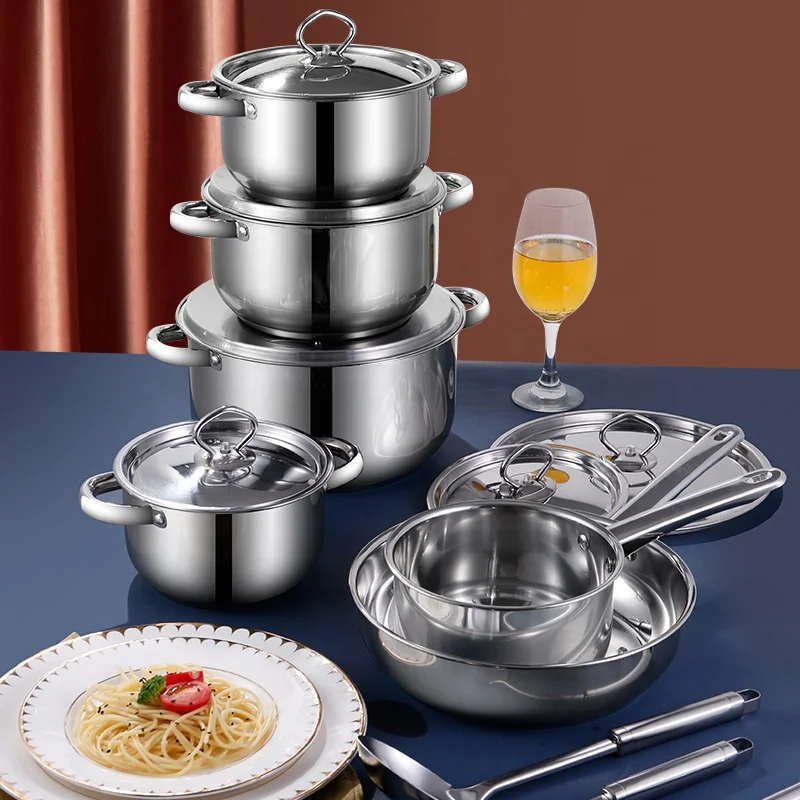Hot Selling Kitchen Stainless Steel Cooking Pot 15pcs Pan Milk Soup Pot Cooking Cookware Set