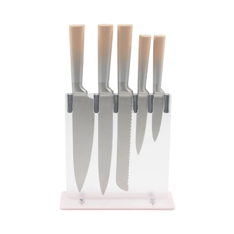 Colorful coating hollow handle knife set with acrylic holder slicing knife for kitchen