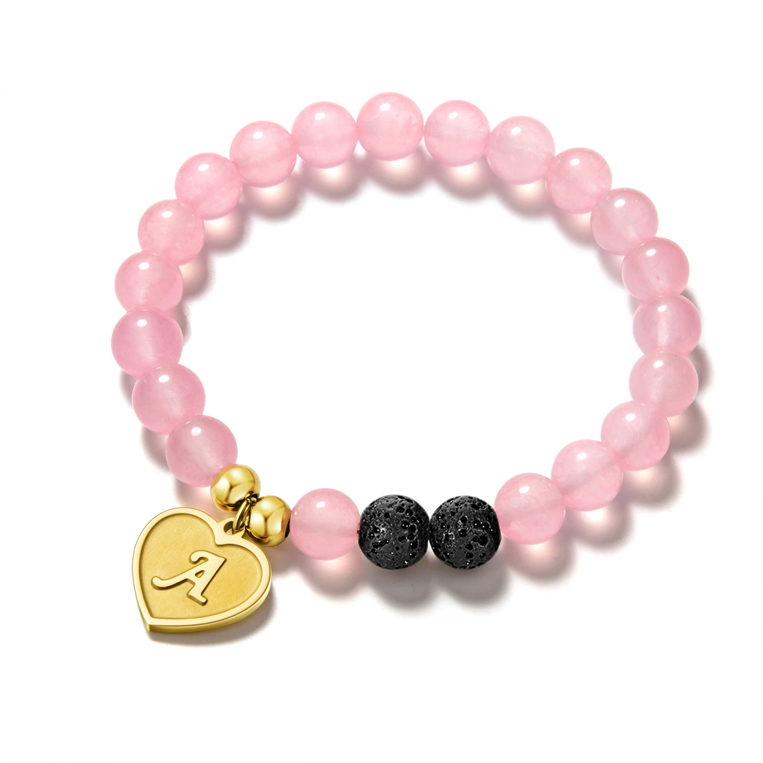 Rose Quartz Elastic Bead Bracelet Stackable Stainless Steel PVD 18k Gold Initial Diffuser Lava Stone Bracelet