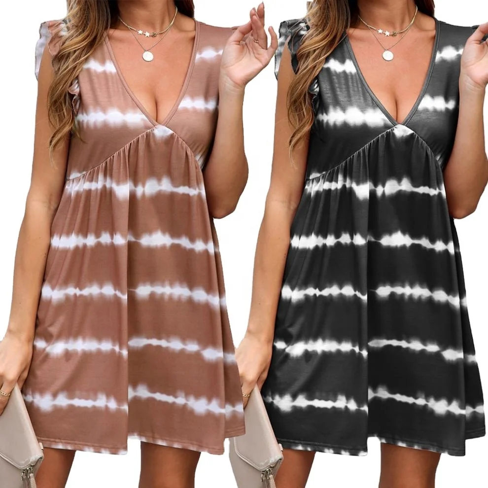 Free Shipping Women Ruffle Off Shoulder Tunic Tie Dye Dress ,Ladies Casual V-Neck Beach Sundress