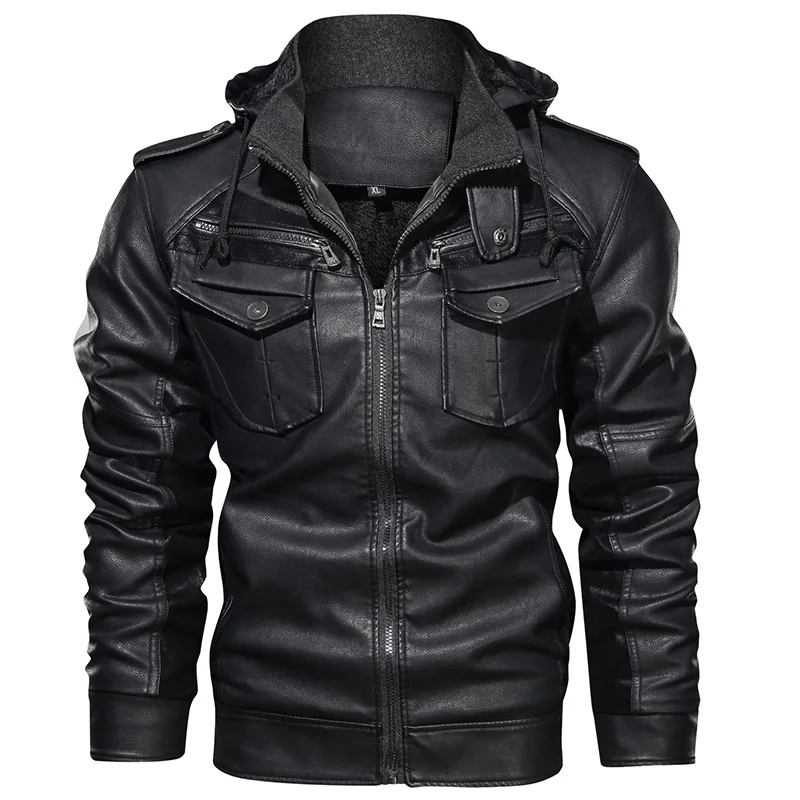 
Wholesale US Size Man Leather Jacket Plus Velvet Winter Coat Jackets Motorcycle Pu Faux Leather Jacket with Removable Fur Hood 