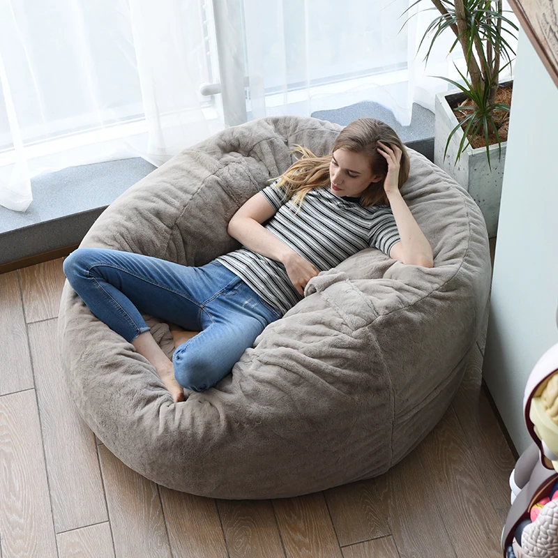 Customized Faux Fur Foam Filled Bean Bag Drawing Room Comfortable Giant Seat Bean Bag Oversize Beanbag Sofa Chair Pure Brown XXL
