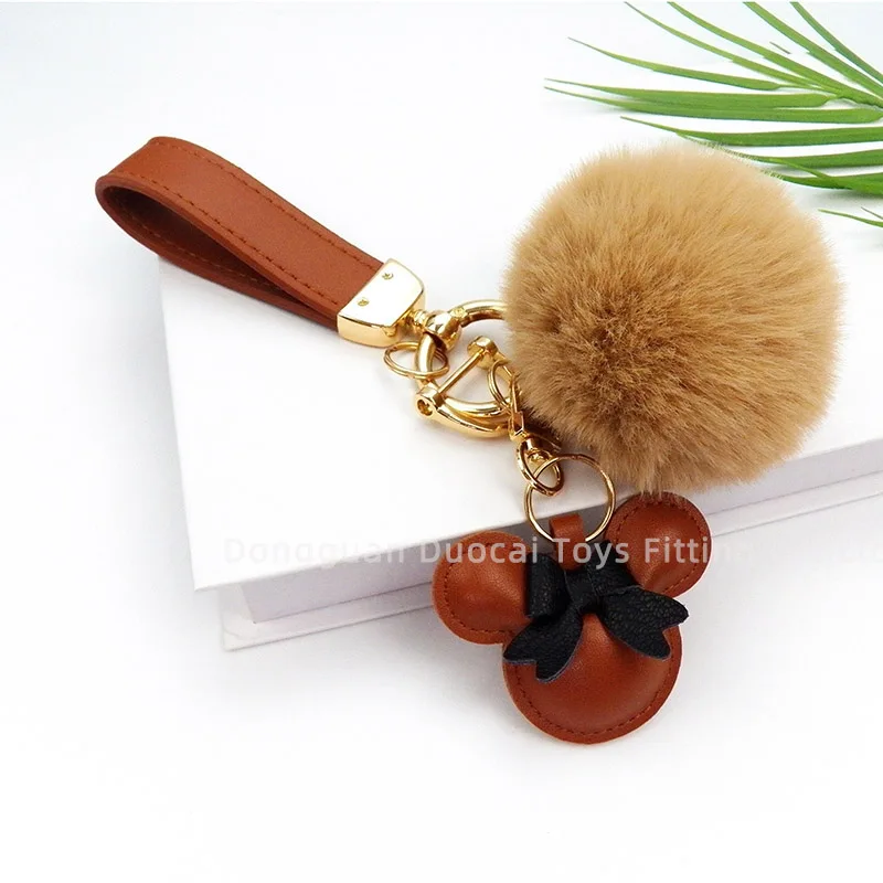 New Style Designer Fashion Mickey Pompom Bag Charms Genugine Leather  Car Key Chain Accessories Custom Luxury Fur Keychain