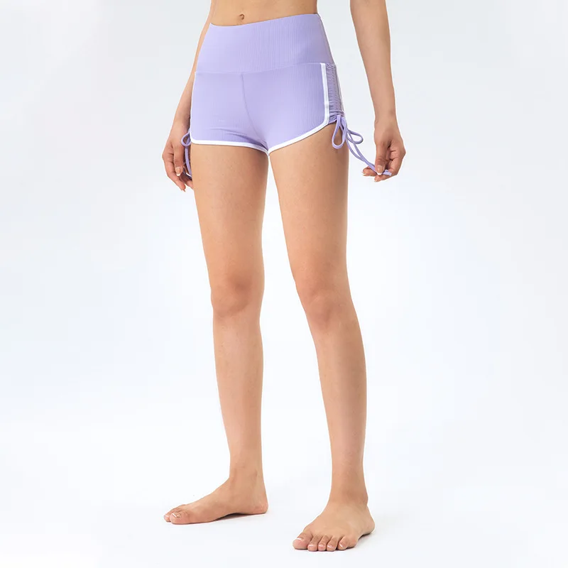 drawstring fitness gym shorts for women custom private label tummy control yoga shorts ribbed workout biker shorts