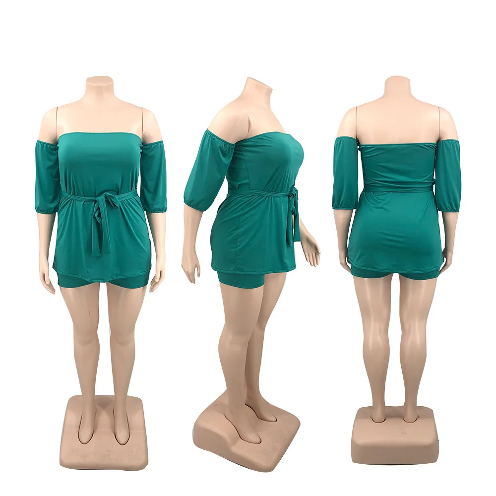 BR2224 	Plus Size Summer Clothes Solid Two Piece Set Women Fashion Off Shoulder T-shirt Shorts Matching Outfits