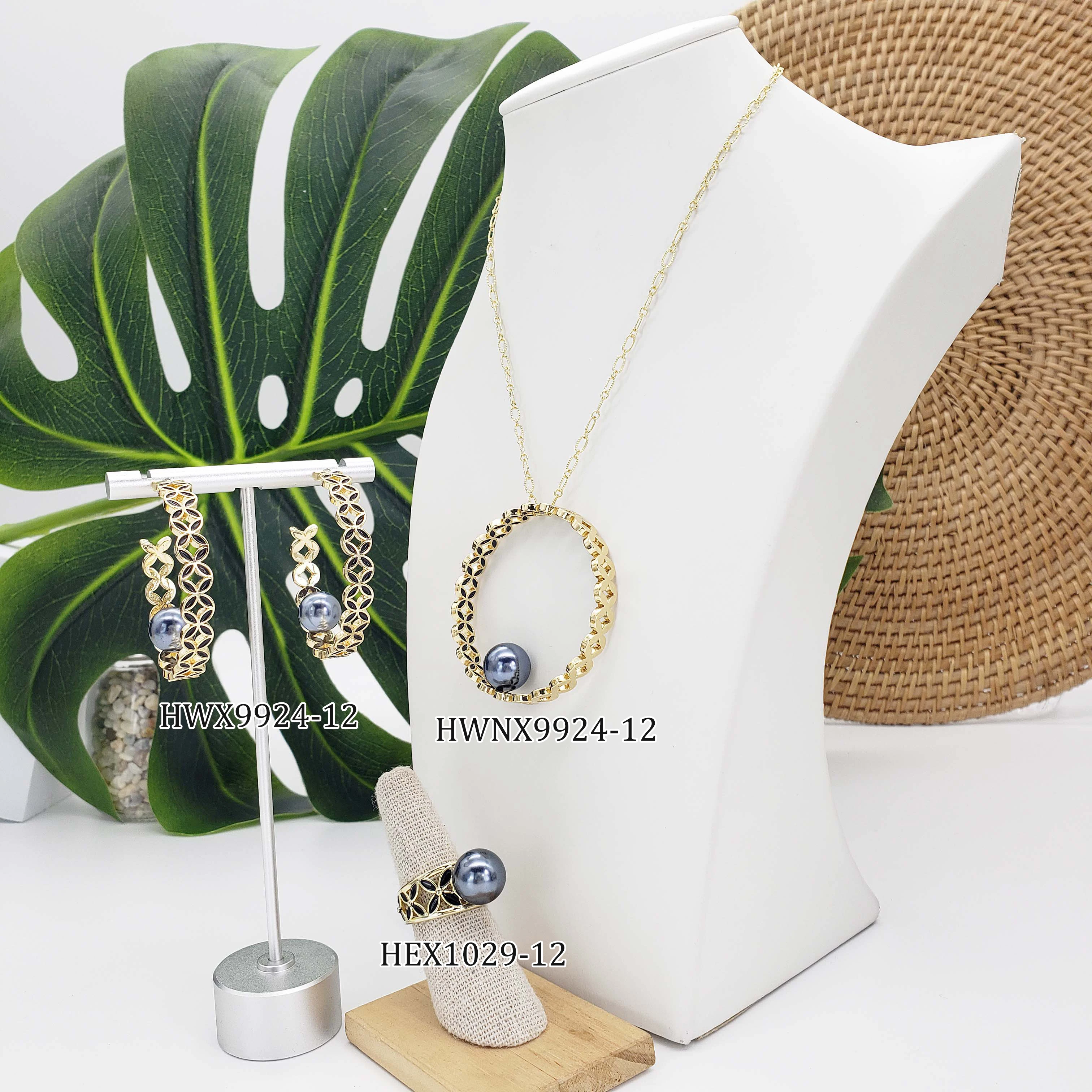 Hawaiian gold jewelry sets hawaiian hoop earrings enameled  pearl beads flower 3 pcs set jewelry wholesale