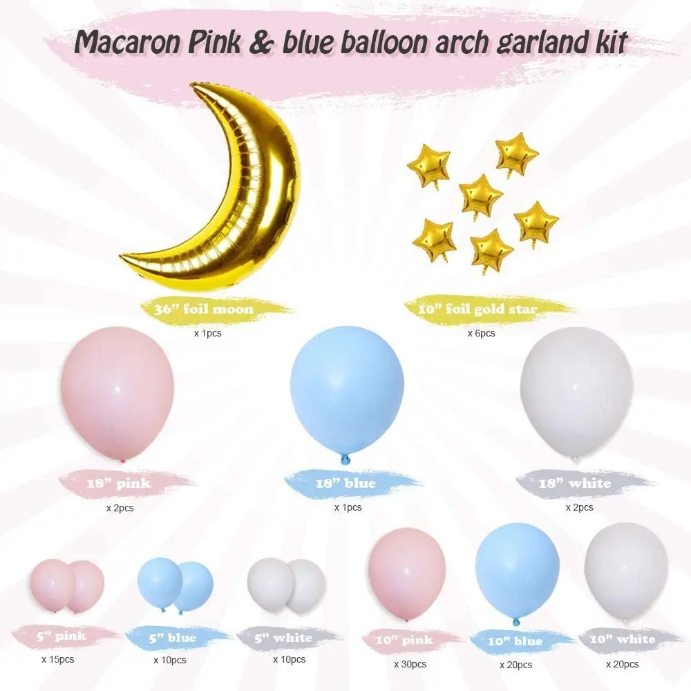 120PCs Balloon Garland Arch Kit Including Pink Blue White Balloons Gold Foil Stars Moon Party Decorations for Baby Shower