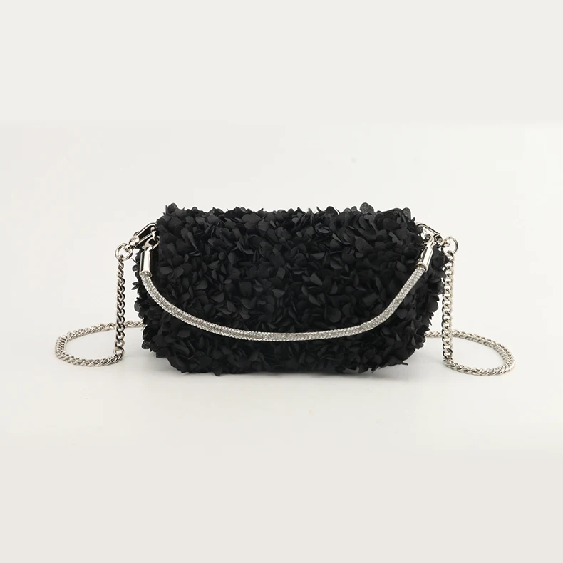 2024 New Fashion Custom Color Satin Small Flower Purse Beautiful Rhinestone Hand Long Chain Handbag