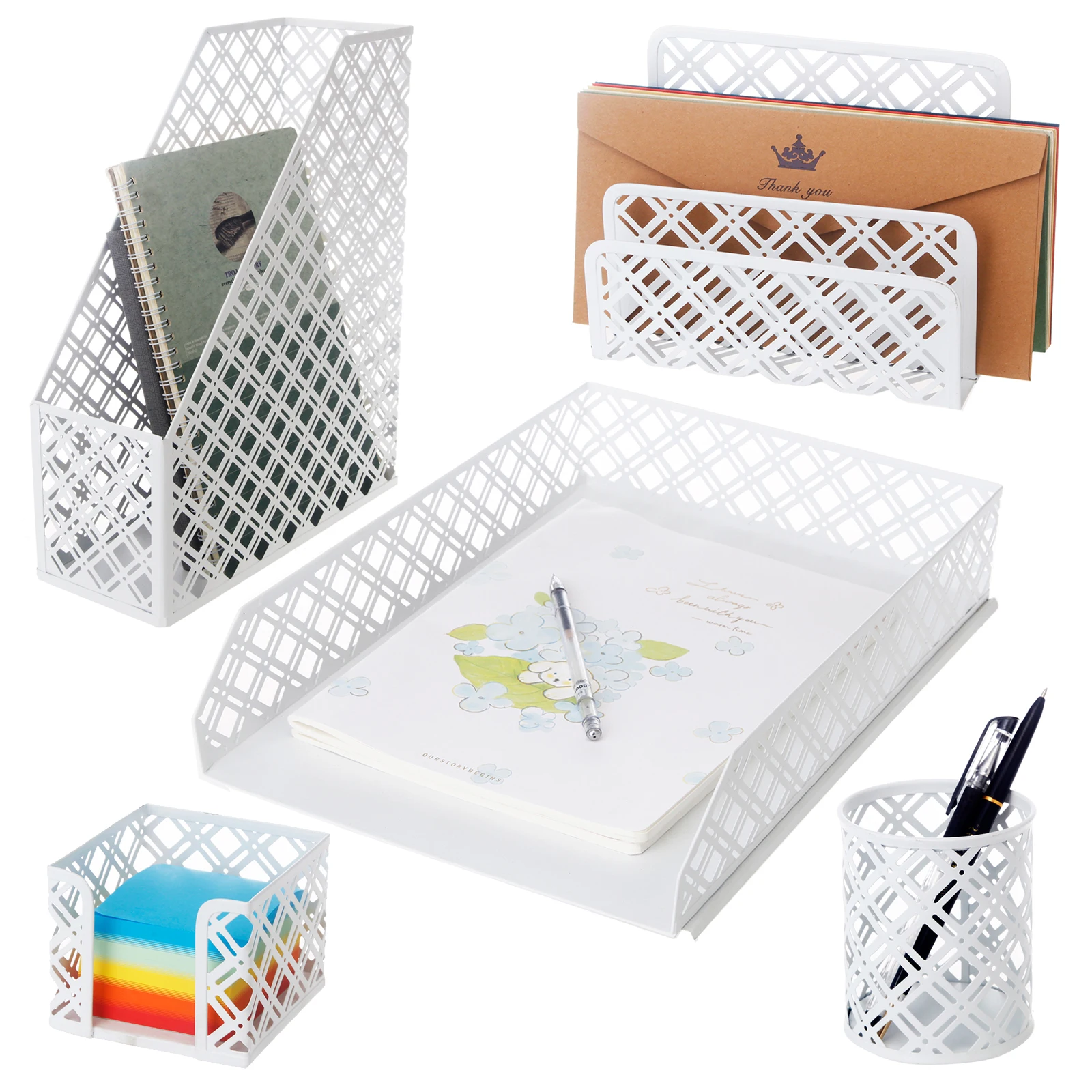 White 5 Pieces Metal Mesh Office Desktop Accessories with Pen Holder Storage Holder Office Supply Desk Organizer Stationery Set