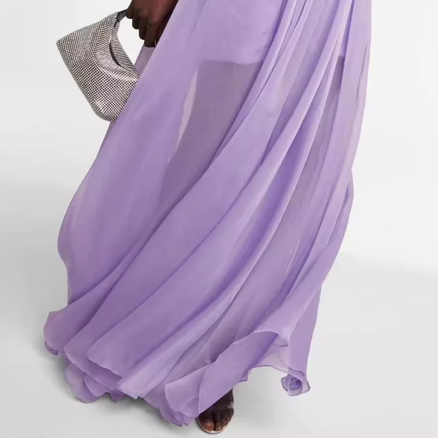 2024 New arrivals women purple spaghetti strap hollow out long chiffon purple maxi dress holiday party outfits 2024