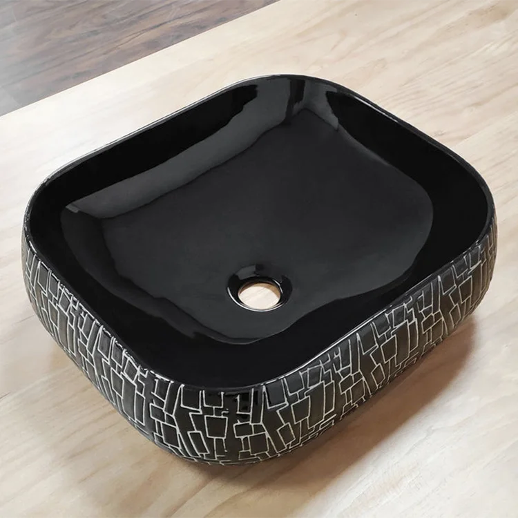 High-end sanitary ware glossy black washbasins countertop hand wash basin modern ceramic bathroom sink