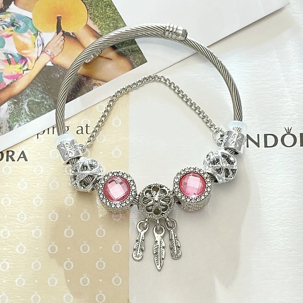 Fashion Dream Catcher Diamond Flower Love Dreamcatcher Charm Ladies Snake Chain Bracelet Bangle for Women Pulsera de mujer