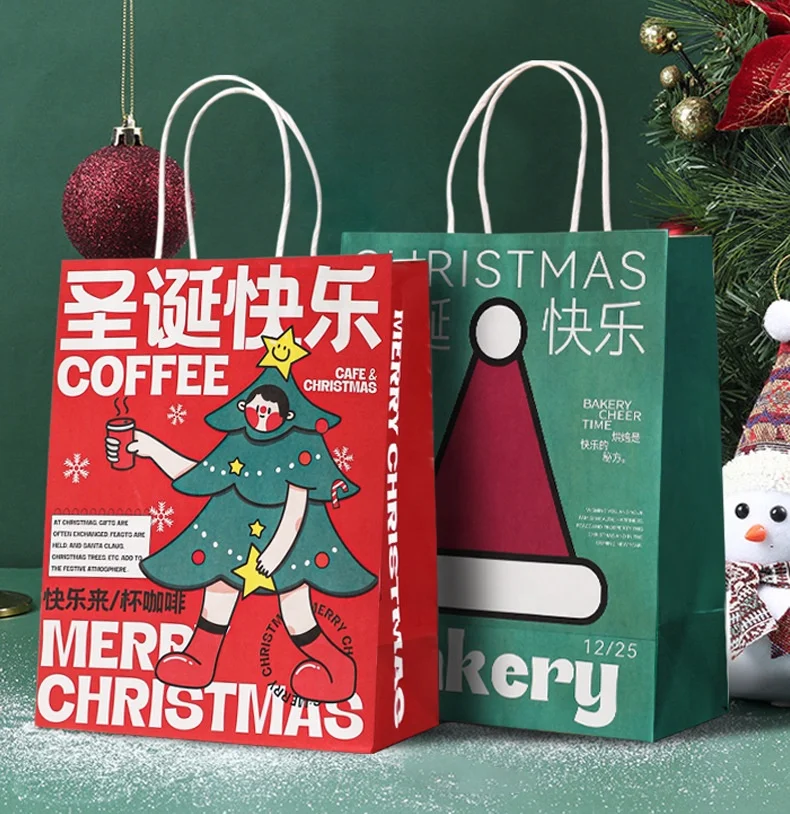 OEM Christmas Event Custom Printed for Coffee Take Away New Year Annual Parties Gift Paper Bag With Handle