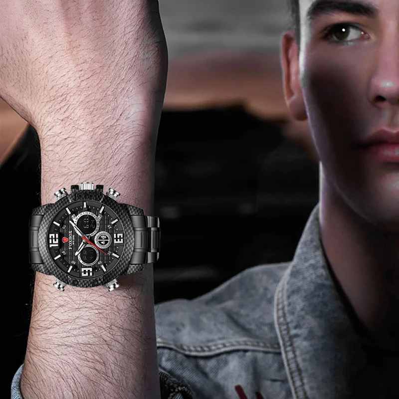 LIGE FOXBOX Men Luxury Wrist Watches Black Luxury Sports Chronograph Waterproof Digital Watches For Men
