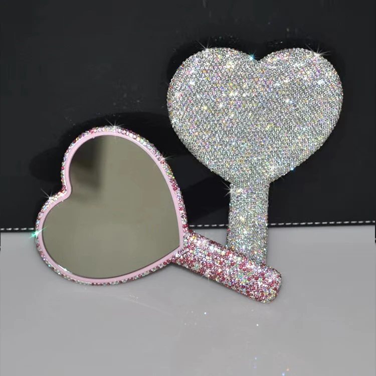 Luxury Shiny Rhinestone Round Square Heart Handheld Bling Diamond Makeup Mirror Lovely Handheld Cosmetic Mirror