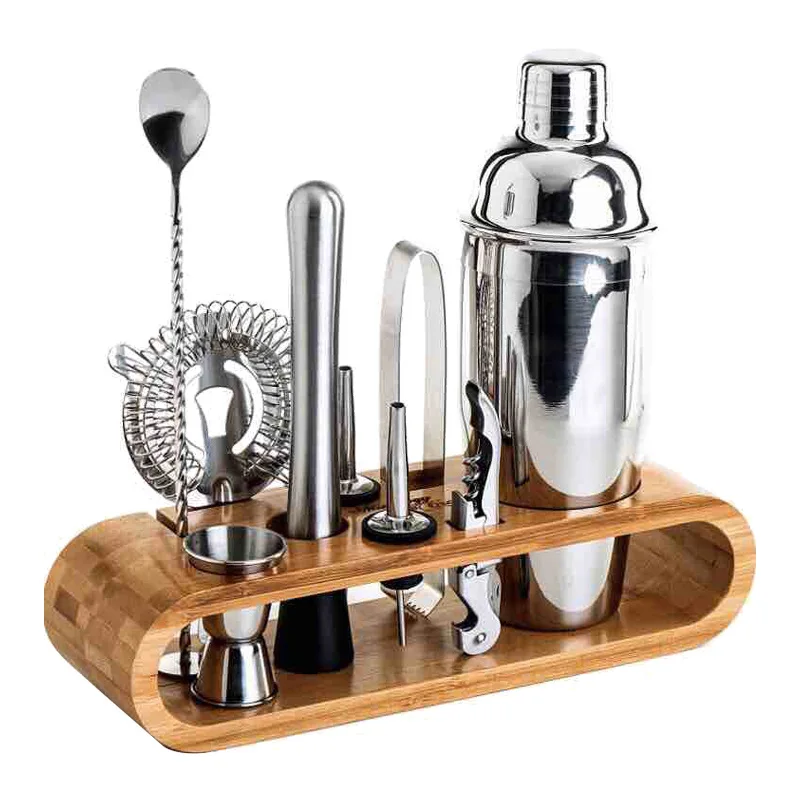 wholesale factory Barware Tool Accessories Jigger Cocktail Shaker stainless steel  bartender kit set with bamboo stand
