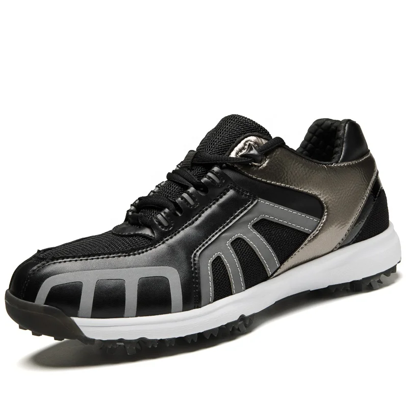 
New Arrival Wholesales PU Mens Non-slip Breathable Auto Rotation Shoelace Professional Black Golf Shoes 