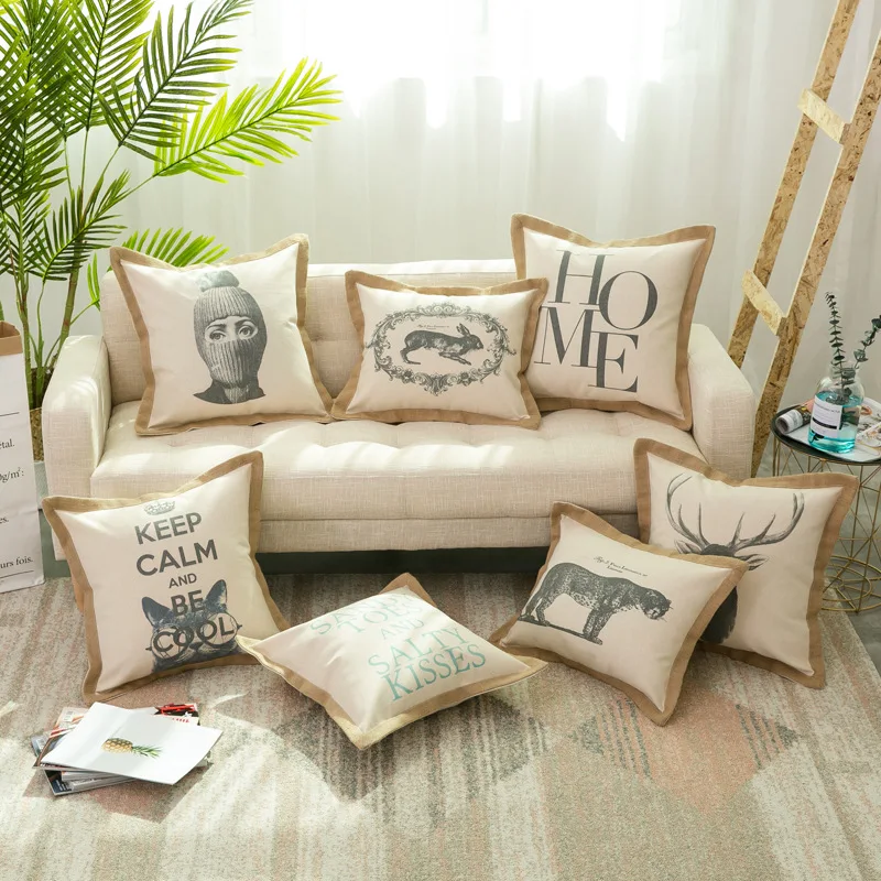Vintage Home Decor Cotton Linen Printed Sofa Couch Pillow Case Cushion Cover with Hemp Piping