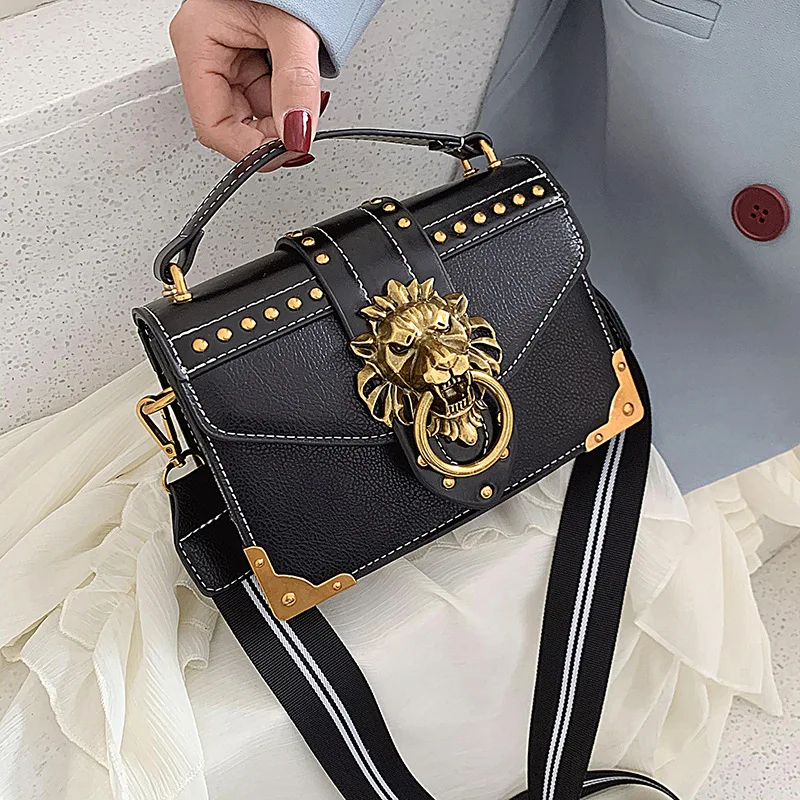 2024 New Fashion European American Retro Style PU Handbag Lion Lady Patterned Messenger Bag Geometric Pillow Flower Decor Rivet