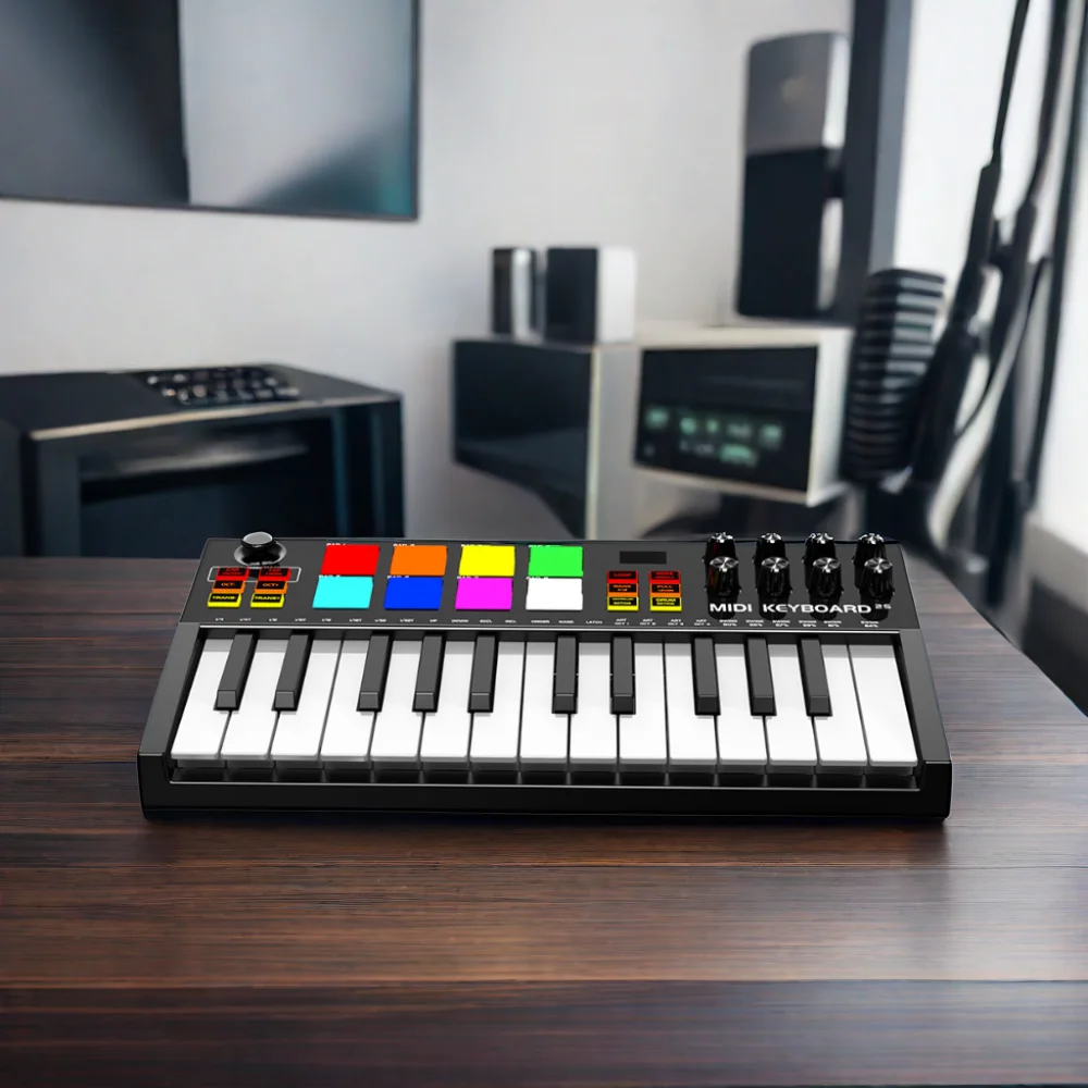 Konix Professional USB Mini Electric Organ Piano Audio 25 Keys Arranger Midi Keyboard Controller With RGB Drum Pads 8 Knobs