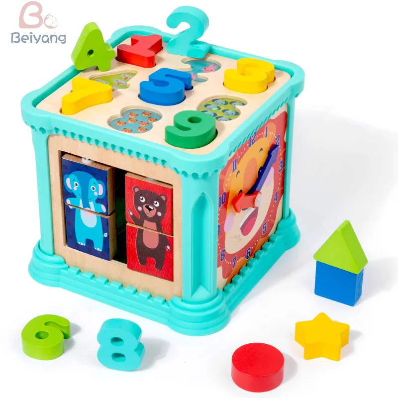 New 6 In 1 Multipurpose Educational Sensory Toy Shape Recognition Wooden Activity Cube Early Education Learning Toys