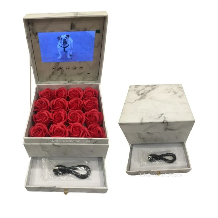 Preserved roses in a Drawer Videobox Mothers day USB Upload Lcd Video gift box 7 inch Video Player Marble Video Box with Roses
