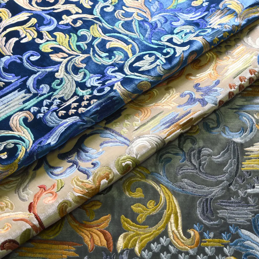 High Quality Telas Para Sofas Velvet Upholstery Vintage Jacquard Embroidery Fabric Custom Polyester Embroidery Fabric for Sofa
