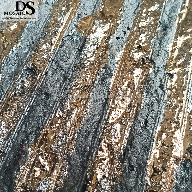 Formed Crack  Irregular Matte Surface Volcanic Stone Wall Tile with Gold Line Lava Stone Mosaic Tiles for Backsplash Floor