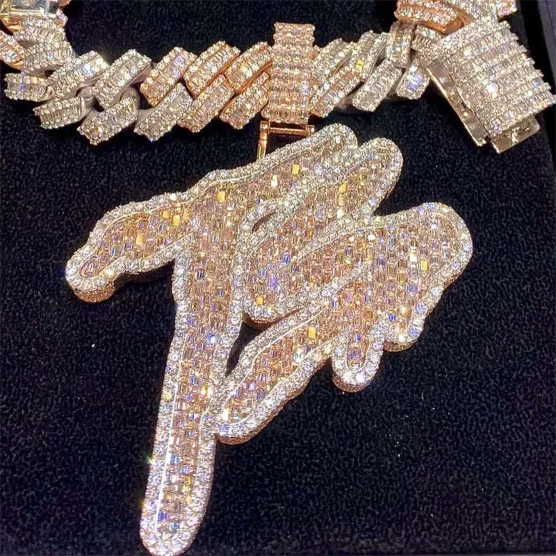 Custom Rose Gold Vvs Baguette Moissanite Pendant 925 Sterling Silver Mens Iced Out Hip Hop Logo Letter Charm Rapper Jewelry