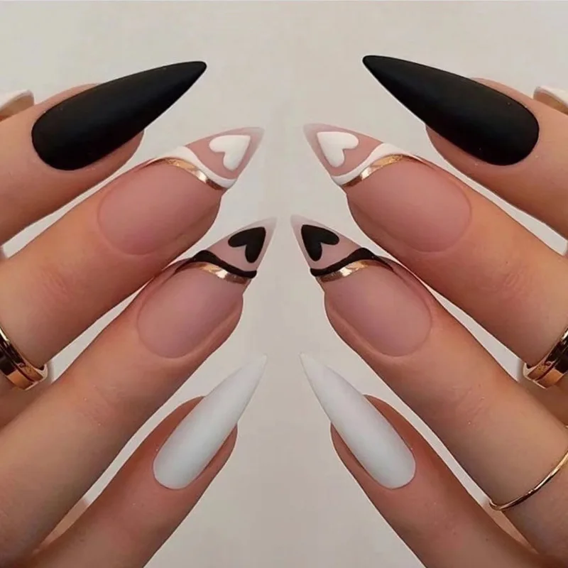French Black and White Love Jump Color False Nail
