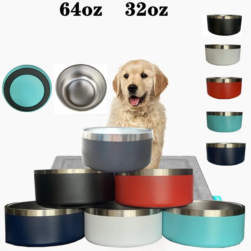 32oz 64oz Double Wall Non Slip Stainless Steel Pet Dog Food Feeder Water Bowl for Medium Large Pets Custom Dog bowls
