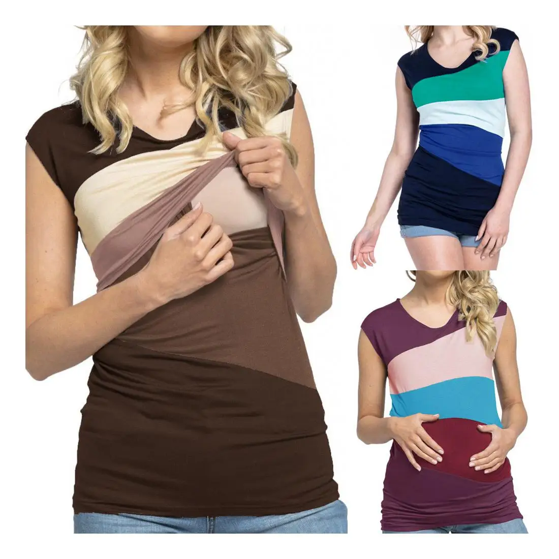 
Women Summer Fashion Short Sleeved Pregnant Tops Top Loose Spell Color Breastfeeding Tops For Pregnant Women Lactation 