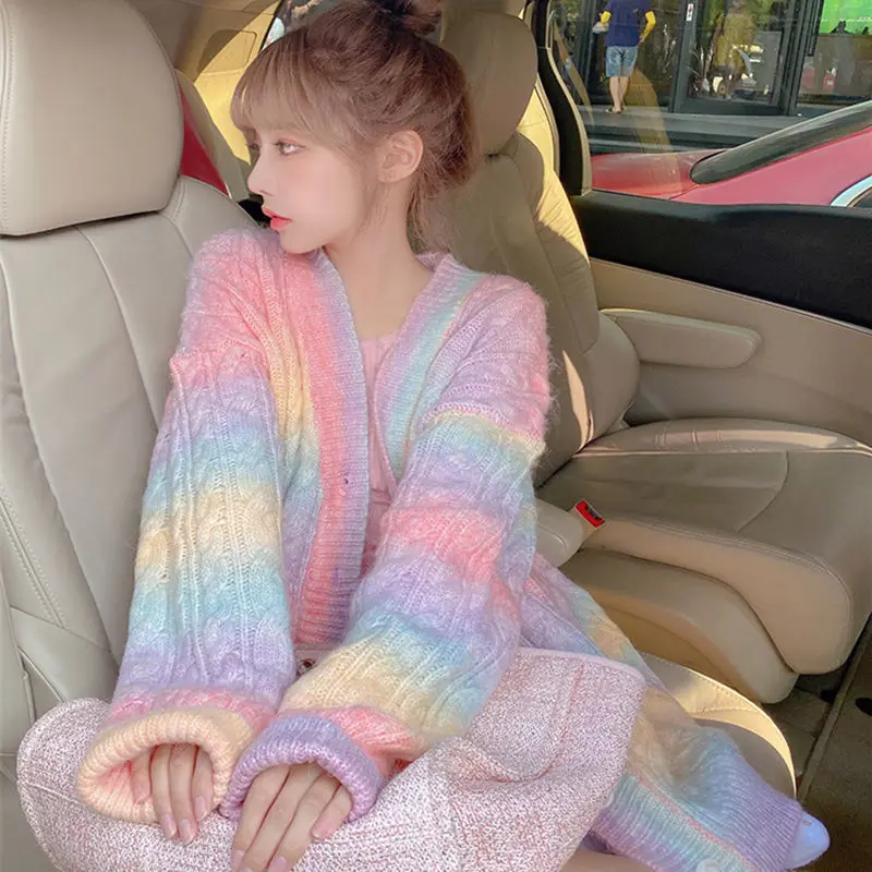 Female Long Tie dye Cardigan Women Sweet Kawaii Sweater Coat Faux Fur Rabbit Rainbow Knitted Cardigan