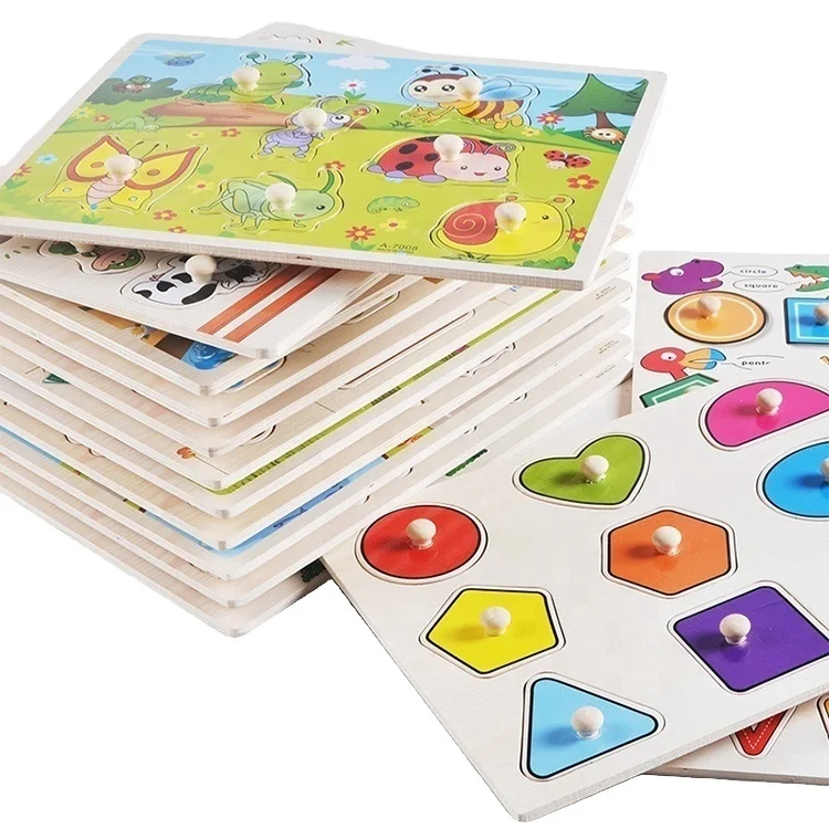 Amazon BSR Wood Peg Puzzle grip board Abc Alphabet Number Animal Wooden Knob Pegged Puzzles Montessori Toy Set For Toddlers 1-3