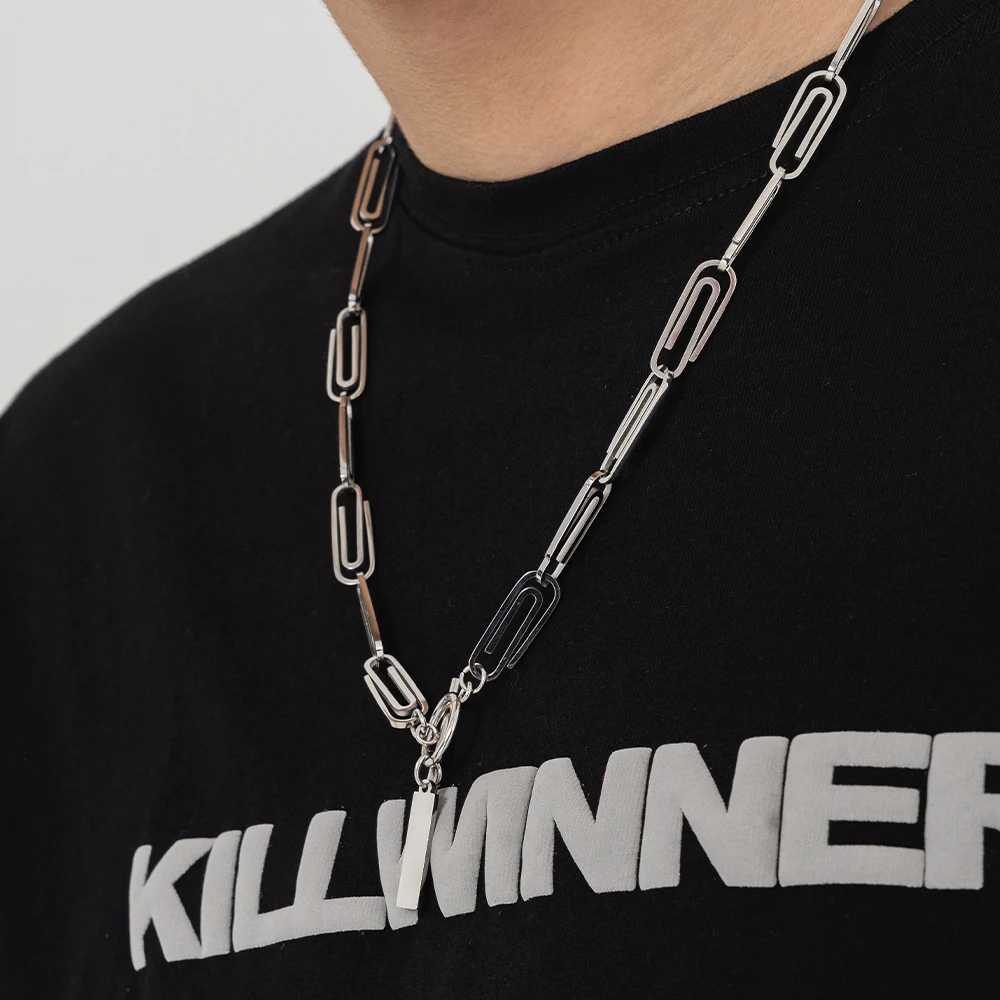 Killwinner Unisex High Street Style Trend Titanium Steel Simple Paper Clip Design Necklace for Men