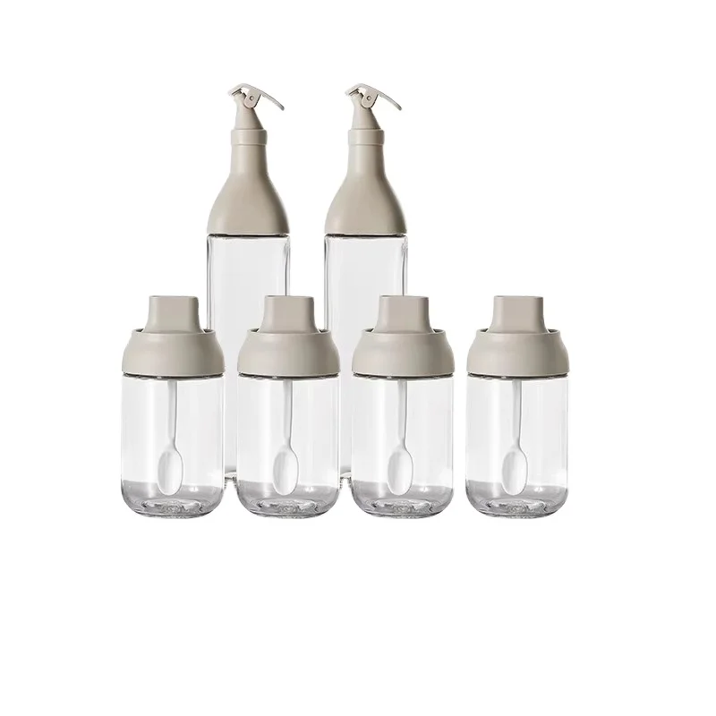 Spice jar 4 oil vinegar bottle 2 combination glass household kitchen oil and salt monosodium glutamate storage spoon lid integra