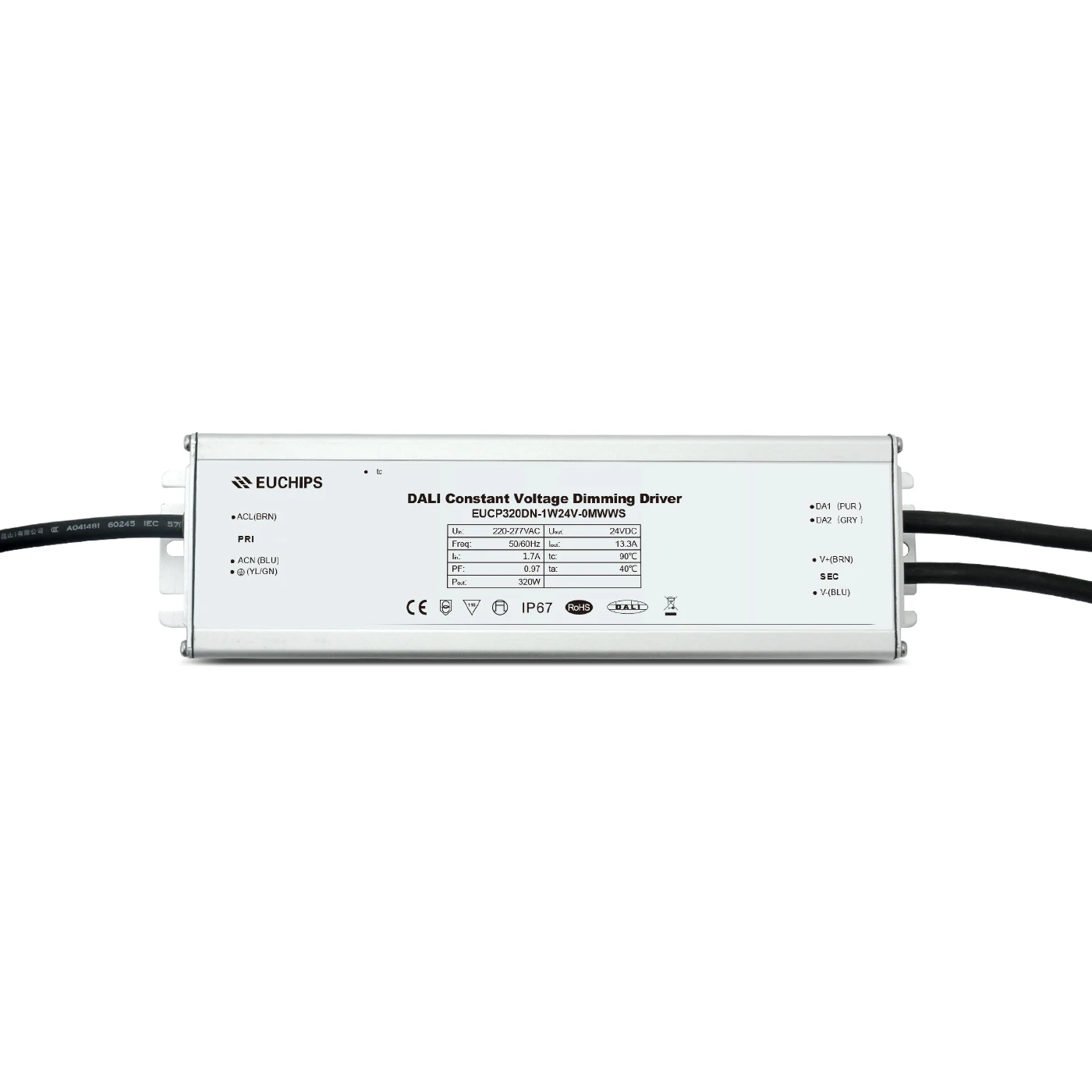 EUCHIPS High Power 320W 24V DC Dimmable LED Driver IP67 Waterproof with Wide Voltage Range 100-277V AC DALI Driver