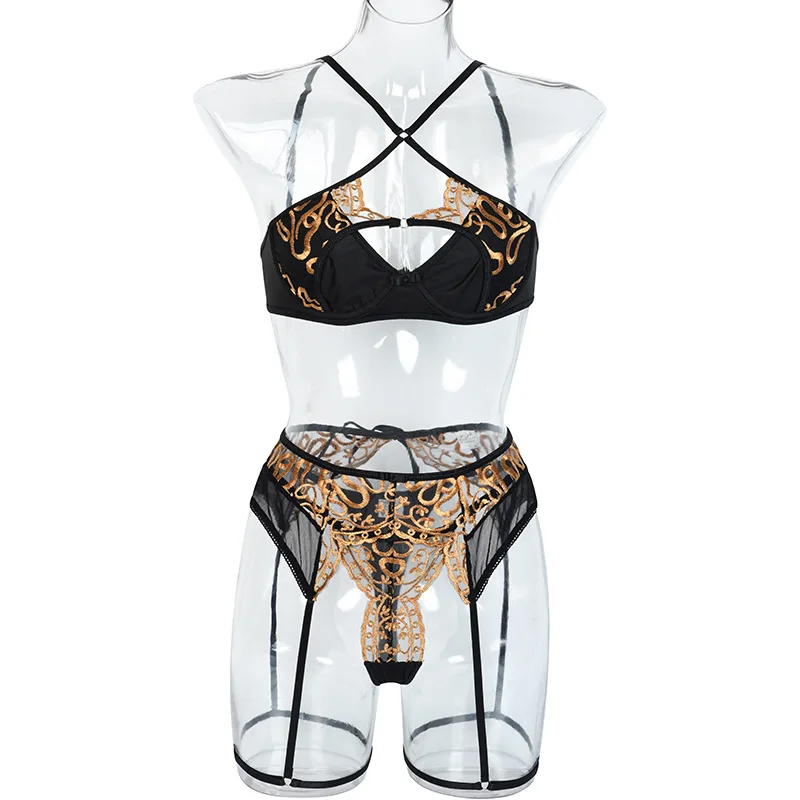 2022 New Arrival Sexy Golden Embroidery Lingerie Garter Black Halter Hot Transparent Erotic Lingerie Set 4 Pieces