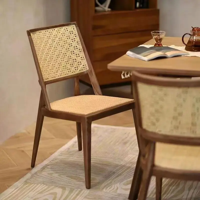 Household Restaurant Solid Wood Dining Table Chair Vine Weaving Leisure Restaurant Cafe BackrestCreative Single Dining Chair
