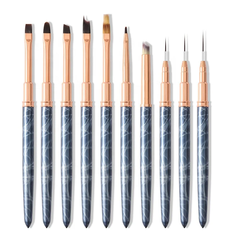 dte 2022 Customized Synthetic nylon Nail Art Brush Black Marble metal handle Nail Brush Set Liner Nail Brushes