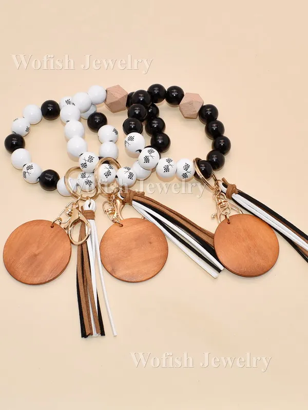 Factory Wholesale Wooden Keychain Black White Checkered Flag Pattern With Blank Engravable Disc Keychain Wristlet