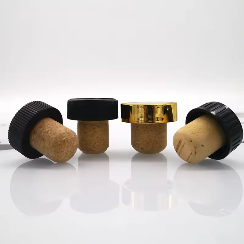 Electroplating T Shape Bar Top Cork With Plastic Wood Metal Zinc Alloy Cap Zamak For Wine Spirits Whisky Gin Bottle