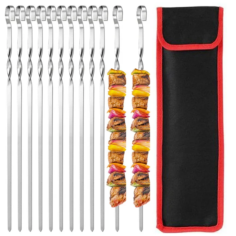 set of 12pcs twisted grill sticks outdoor BBQ lamb beef chicken skewers Barbecue sticks Barbecue Needle with cloth bag